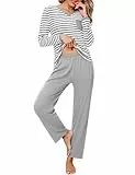Terecey Pyjama Damen Lang V-Ausschnitt Schlafanzug Set Baumwolle Loungewear Zweiteiliger Soft Nachtwäsche Gestreift Sleepwear Langarm Hausanzug Frauen Winter Schlafanzüge, Grau M