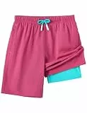 HFDWYJ 2 in 1 Badehose Jungen Badeshorts Kinder 152 Sonnenschutz Boxershorts Jungen Badeshorts Unise Verstellbarem Tunnelzug-Rosapink+Grün-10-12 Years