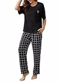 IFFEI Schlafanzug Damen Zweiteiliger Pyjama Set mit Kurzarm und Karierter Hose Rundhals Nachtwäsche Lounge Set Schwarz X-Large