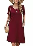 Bequemer Laden Damen Sommer Tshirt Kleid Locker Rundhals Kurzarm Midi Kleider Elegant Blumen Sommerkleid Knielang Strandkleid Lässig Midikleid Freizeitkleid mit Taschen, A Weinrot, XL