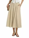 Kate Kasin Damen A Linie Hohe Taille Röcke Sommer Casual Einfarbiger Maxirock Vintage Lang Lyocell Leinen Freizeitrock mit Tasche Apricot XL