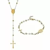 Flongo 2 Stücke Rosenkranz Armband Halskette: Schmuck Set mit Kreuz Anhänger Katholische Jungfrau Maria Gold Weiß Rosenkranz Edelstahl Verstellbares Armkette Kette Religiöser Schutz Virgin Mary