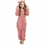 Schlafoverall Kinder Kuschelanzug Jumpsuit Kuschelig Fleece Schlafanzug Warmer Plüsch Overall Einteiler Einfarbig Pyjama Plüsch-Overall Onesie Mädchen Jungen mit Kapuze und Reißverschluss 2-14 Jahre