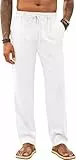 Runcati Herren Hose Lang Bügelleicht Freizeithose Männer Leicht Sommerhose Strand Yogahose mit Taschen Elastischer Bund, Weiß, XXL