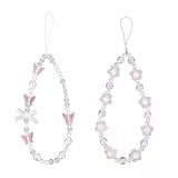 SAVITA 2 Stk Perlen Handyarmband, Kristall Schmetterlings Blumen Perlen Handyarmband Armband Lanyard für Damen Schlüsselanhänger (Weiß, Rosa, Lila)