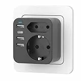 Mehrfachsteckdose mit 4 USB Ports, Mehrfachstecker für Steckdose mit 2 Fach Stecker, Steckdosenadapter mit USB C Port, Doppelstecker für USBC Steckdose, Steckdosenleiste (black)