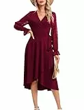 KOJOOIN Damen Wickelkleid Tüll Langarm Tunika Kleid V-Ausschnitt Skaterkleid Midikleid Casual Swing Kleid Knielanges Partykleid mit Gürtel（Verpackung MEHRWEG）,Weinerot, S