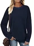 Cuptacc Pullover Damen Mit Drop-Schulter Casual Rundhals Schickes Sweatshirt Oversized Kontrast Dünn Sommer Langarmshirt Damen Marineblau M