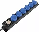 as - Schwabe 6-Fach Verteilersteckdosenleiste mit Schalter, Schutzkontaktsteckdosen mit Klappdeckeln, 1,5 m Leitung, Mehrfachsteckdose für den Außenbereich 230V, 16A, IP44, Schwarz, Blau, 38606