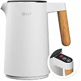 BALTER Edelstahl Wasserkocher mit Temperatureinstellung, 45°C-100°C, Doppelwand, BPA frei, leise & kabellos, Warmhaltefunktion, Teekocher mit Temperaturanzeige, 1.5L, 2200W, Weiss