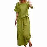 EMATOP Leinen Outfits Damen Leicht Baumwolle Hosenanzug 2 Teiler Bluse Tshirt und Lange Hosen Freizeitanzug Casual Einfarbig Jogginganzug Leicht Atmungsaktiv Sportanzug Lose Elegant Tracksuit