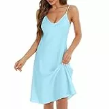 Xuepelit Satin Nachthemd Damen Sexy Unterkleid Negligee Babydoll Nachtwäsche mit Spaghettiträger V Ausschnitt Nachtkleid für Frauen，Blau M