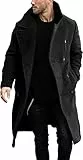 Runcati Herren Mantel Regular Fit Trenchcoat Langer Revers Zweireiher Wolle Business Winterjacke Peacoat, Schwarz , L
