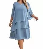 Hanna Nikole Elegantes Chiffon-Kleid für Damen mittellange Ärmel Rundhalsausschnitt gestuftes einfarbiges Midikleid Blaugrau 52
