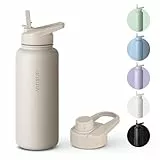 Vinsun Trinkflasche Edelstahl beige 1L - auslaufsicher, Kohlensäure geeignet, BPA frei - Strohhalm, Trinköffnung - Thermosflasche Sport, Outdoor, Schule, Uni, Fahrrad, Büro, Camping