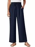 Glacspyg Damen Hosen Casual Flowy Wide Leg Freizeithose High Waisted Kordelzug Palazzo Hosen mit Taschen Marineblau L