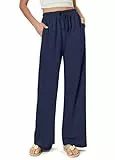 Glacspyg Damen Hosen Flowy Wide Leg Freizeithose Casual Beach Strandhose High Waisted Kordelzug Palazzo Hosen mit Taschen Marineblau L