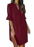 JOCAFIYE Women's Simple Solid Color Sommer V-Ausschnitt Kurzarm Rüsche Puffärmel Kleid Rotwein XXL