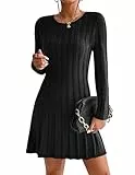 Hotouch Damen Strickkleid Strickpullover Elegant Winterkleid Modisches Pulloverkleid Midikleid für Freizeit Cocktail Schwarz S