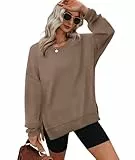 XIEERDUO Sweatshirt Damen ohne Kapuze Rundhals T Shirt Damen Oversized Langarmshirt Damen Top Herbst Winter Oberteile Damen Elegant Braun XL
