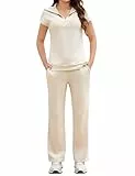 Aottori Damen Jogginganzug Zweiteiler Hausanzug Sommer Outfits Tracksuit Kurzarm 2 teiler Freizeitanzug Trainingsanzug Sport Lounge Set Elegant Loungewear Homewear Aprikose M