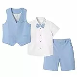 LOLANTA 4 STK Pagen Junge Kurzanzug, Kinder Leinen Sommer Anzug, Festliche Sommerhochzeit Taufe Zeremonie Outfit, Geburtstag Partykleidung, Kind Westen Shorts Set, Himmelblau, 7-8 Jahre
