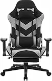 WOLTU Gaming Stuhl Stoff für Sommer, Atmungsaktiv Bürostuhl Gaming Chair Ergonomisch mit Lendenkissen, Gamer Stuhl Racing PC-Stuhl mit Wippfunktion & Fußstütze Live-Streaming Drehstuhl Schwarz+Grau
