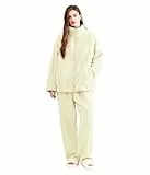 POWER FLOWER Damen Flauschiges Fleece-Schlafanzug-Set – 2-teiliges lockeres Plüsch-Loungewear-Set mit Reißverschlussjacke, gemütliche Winterschlafbekleidung (LY215-Green, XL-XXL)