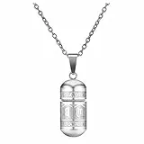 JSDDE Schmuck Edelstahl Buddhistisches Mantra Anhänger mit 24 Zoll Kette Om Mani Padme Hum Gebetsmühle Flasche Kapsel Anhänger Urn Anhänger für Frauen Männer (Silber)