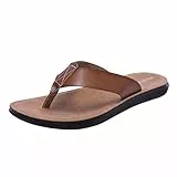 Harssidanzar Herren Flip Flops Zehentrenner, Sommer Tanga Bequeme Fußgewölbestütze Weiches Mikrofaser Leder Fußbett Strandschuhe KM215,Khaki,Größe 43