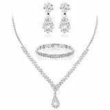 Yolev ﻿2 Stück Brautschmuck Set Silber Strass Hochzeit Schmuck Set für Damen Set Hochzeit Braut Strass Halskette Dangle Ohrringe Glänzendes Armband Party Braut Brautjungfer Schmuck