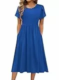 Hotouch Damen Kleider Sommerkleid Rundhals Kurzarm Kleid Elegant A-Linie Strandkleid Casual Loose Freizeitkleid Marineblau L