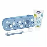 Chicco Baby Zahnbürste und Zahnpasta Set, mit praktischem Case, Set enthält Apfel-Bananen-Zahnpasta und Zahnbürste, für erste Milchzähne, Reiseset, 6-36 Monate, hellblau