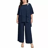 Hanna Nikole Damen Große Größen Hosenanzug Chiffon Shirt Irregular Collar Batwing Sleeves Chiffon Shirt 2 Piece Set Occasion Trousers Chiffon Shirt Dunkelblau 50