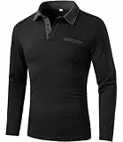 GLESTORE Poloshirt Herren Langarm Golf Longsleeve Polo mit Falsche Brusttasche T-Shirt Schwarz M