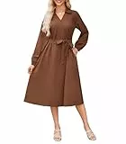 GRACE KARIN Damen Reverskleid Mit V-Ausschnitt Elegant Lange Ärmel Blusenkleid Mit Gürtel Braun S