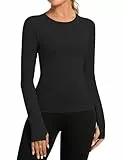 Rapbin Sport Oberteile Damen Gym Top Yoga Rundhals Atmungsaktiv Sportshirt Running Langarm Funktionsshirt Fitness Laufshirt mit Daumenloch Schwarz S