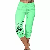 EMATOP Sommer Hose für Frauen 3/4 Capris Jogginghose Freizeit Leichte Sweathose Elastische Taille Sporthose mit Taschen Laufhosen Löwenzahn Muster Freizeithosen Baumwolle Bequem Yogahose