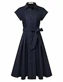 Damen Sommer Kurzarm Reverskragen Knöpfen Taillengürtel Kleid Elegant A-Linie Midi Blusenkleid mit Taschen Marineblau L