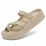 Waysoland Damen somm. Sandalen - orthopädische, bequeme mit dicke Sohlen, flach & einstellbare Schnalle, ultraschl. Kissen (Beige, EU 38)