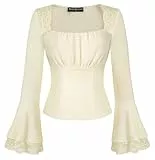 SCARLET DARKNESS Renaissance Trachtenblusen Damen Langram Oberteile Quadratischer Kragen Cottagecore Y2K Tops für Hochzeit Beige XL
