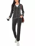 Aottori Velours Trainingsanzug Damen Schlafanzug Zweiteilige Jogginganzug Sportanzug Winter V Ausschnitt Pullover und Hose Nicki Hausanzug Pyjama Set Grau S