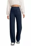 Glacspyg Weite Hose Damen Hohe Taille Sporthose Knopf Gerade Hosen mit Taschen Elastische Freizeithose Marineblau M