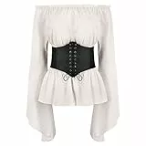 ABEHIK Damen Renaissance Bluse Mittelalter Gothic Oberteil f�r Frauen Langarm Trachtenbluse mit Trompeten�rmel Schulterfrei Shoulder Shirt wei� M