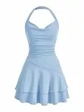 SweatyRocks Damen Minikleid A Linie Kleid Neckholder Kleider mit Rüschen Ärmelloses Mehrschichtiges Trägerkleid Freizeitkleid Hellblau XS