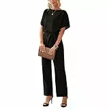 GOTOTOP Damen O-Ausschnitt Kurzarm Lang Jumpsuit Elegant Weite Bein Overall Romper Playsuit Hosenanzug mit Gürtel(M-Schwarz)