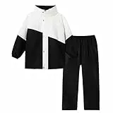 Volunboy Kinder Regenanzug, Jungen Mädchen Regenmantel mit Kapuze Jacke und Hose Regenbekleidung Wasserdichter Anzug(11-12 Jahre,Schwarz Weiß,3XL)