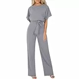 Generisch Jumpsuit Damen Sommer Elegant Mit Ärmel Overall Festlich Lang Tailliert Hosenanzug Hochzeitsgast Weites Bein Jumpsuits Buisness Romper Frauen Halbarm mit Tasche Sommer Jumpsuit