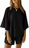 Friptspyg Damen Tops Lässige T-Shirts Baumwolle Damen Tops mit Shorts Casual,Schwarz XL