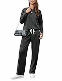 Terecey Jogginganzug Damen 2 Teiliges Lounge Set Trainingsanzug Frauen Kontrastfarbe Rundhalsausschnitt Sportanzug+ Weites Bein Jogginghose Fitnessanzug für Running Yoga Gym Dunkelgrau XL